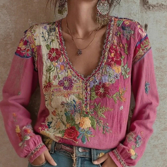 Valentina Rossi | Embroidered Floral Long-Sleeve Blouse For Women
