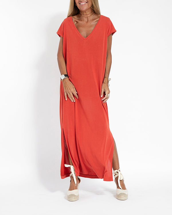 Margeline Vossclair | Coral V-Neck Side Slit Maxi Dress