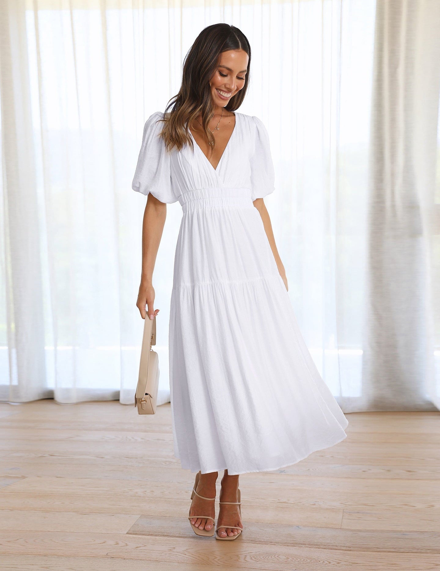 Antoinette Beauvray | Black V-Neck Puff Sleeve Midi Dress with Smocked Waist