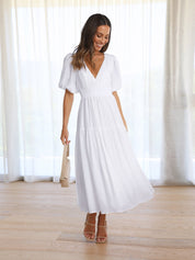 Antoinette Beauvray | Black V-Neck Puff Sleeve Midi Dress with Smocked Waist