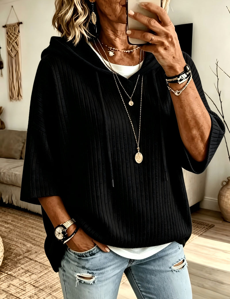 Cassandra Bellmore | Ribbed Hooded Drawstring Sweatshirt For Women