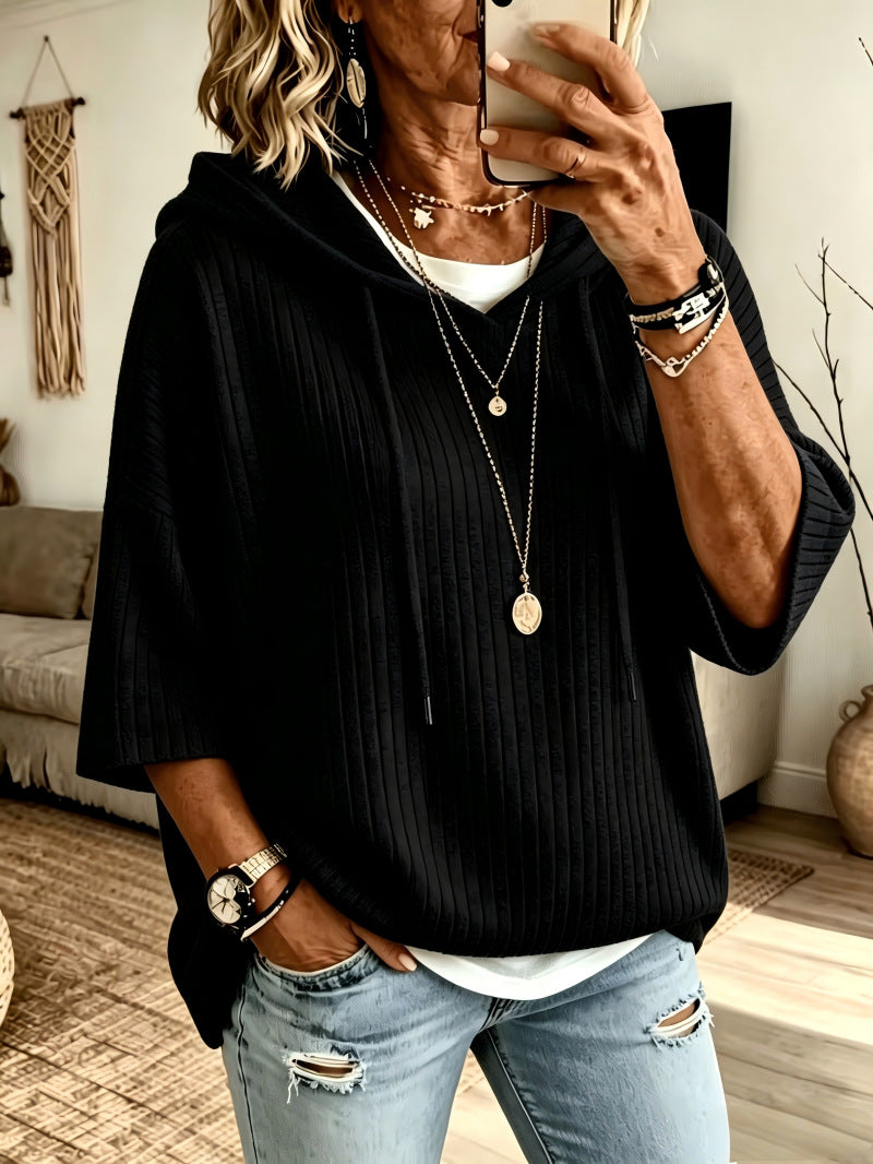 Cassandra Bellmore | Ribbed Hooded Drawstring Sweatshirt For Women