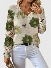 Rosalinde Fonteclair | Floral Knit V-Neck Sweater with Lace Sleeves