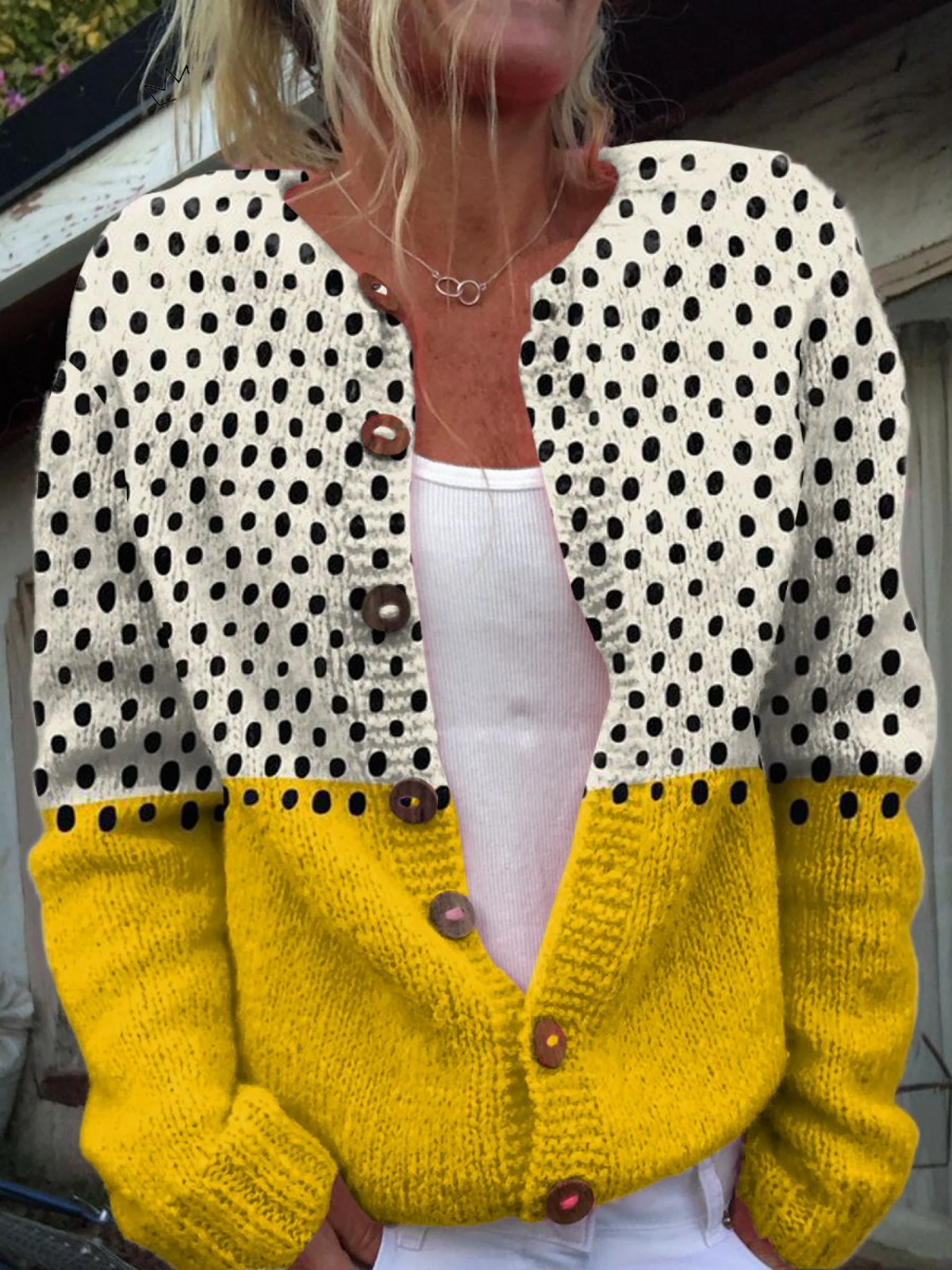 Josephine Wrenthorpe | Polka Dot Colour Block Knit Cardigan