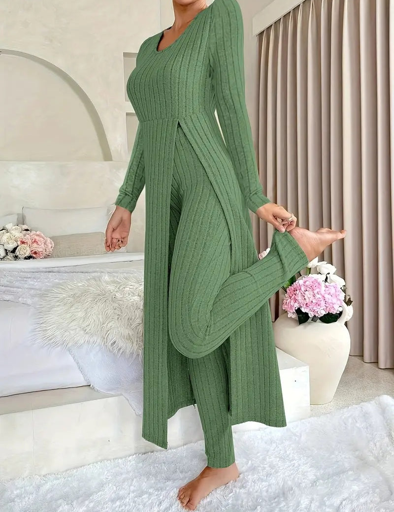 Danielle Castillon | Ribbed Knit Duster Cardigan & Pants Set For Women