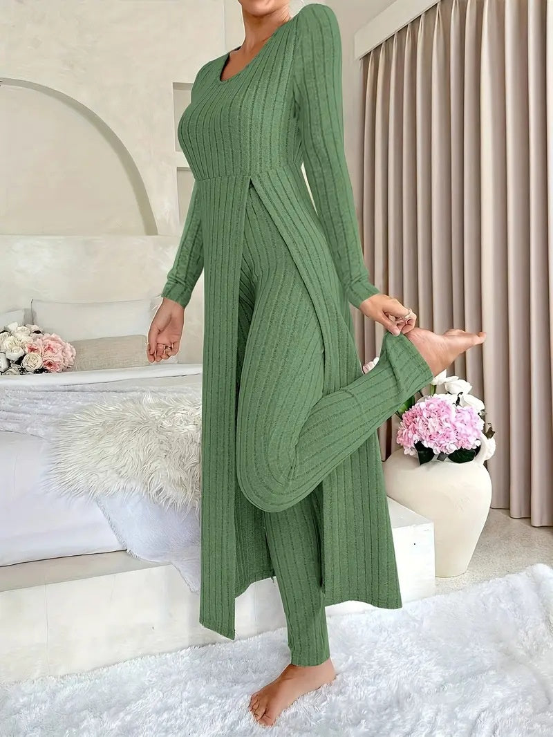Danielle Castillon | Ribbed Knit Duster Cardigan & Pants Set For Women