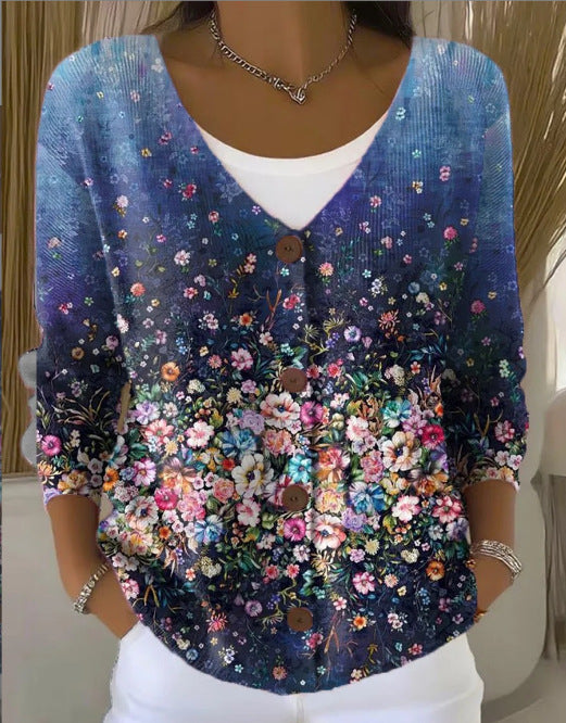 Elara Bloomfield | Printed Button-Up Knit Cardigan For Women