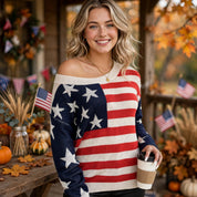 Charlotte Monroe | American Flag Off-Shoulder Knit Sweater For Women