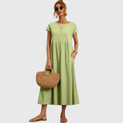 Rosalind Evermore | Navy Blue Cap Sleeve Midi Dress with Pockets