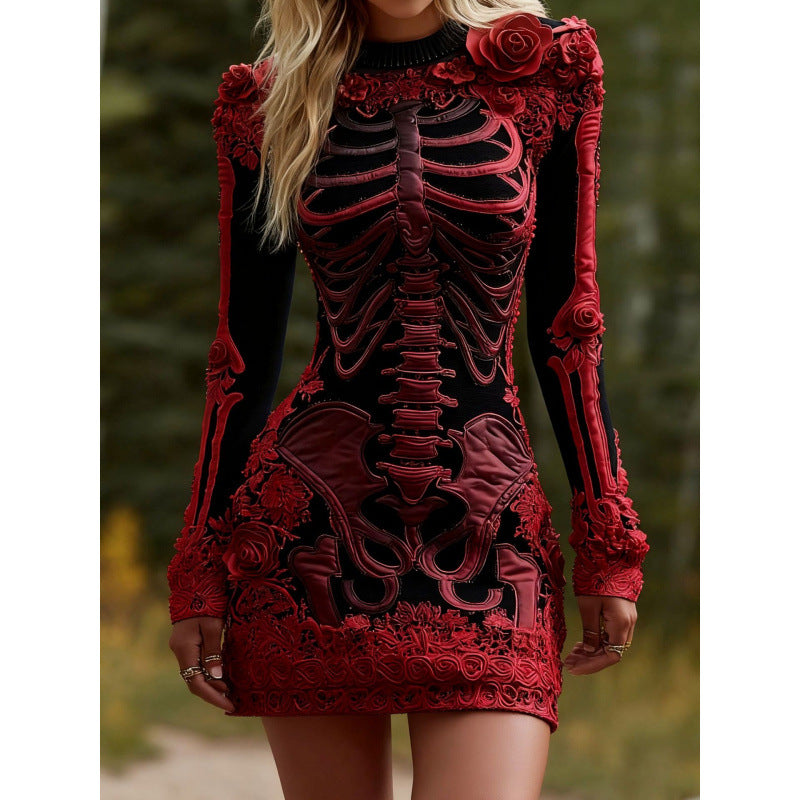 Seraphine Blackwood | Halloween Skeleton Print Long Sleeve Maxi Dress For Women