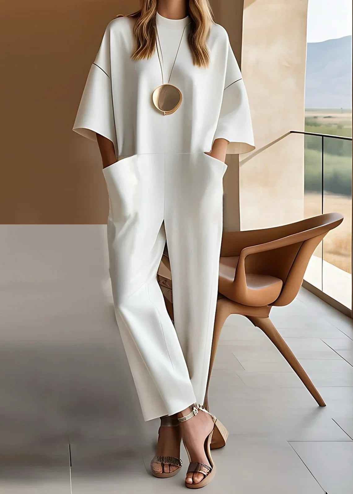 Emmeline Greystone | White Wide-Leg Jumpsuit with Deep Pockets