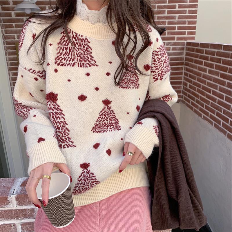 Snowy Eve | Red Tree Jacquard Christmas Sweater For Women