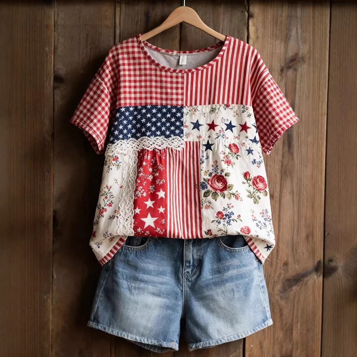 Brielle Davenport | Patchwork Patriotic Short Sleeve Top For Women