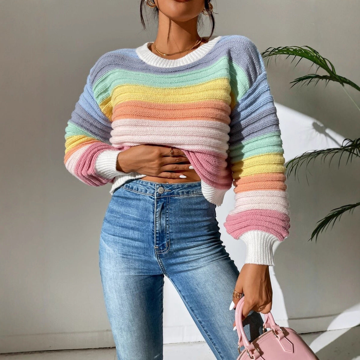 Celine Vosscroft | Rainbow Stripe Lantern Sleeve Crop Sweater For Women