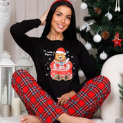 Cozy Cheer | Black Santa Bear Print Christmas Pyjamas For Women