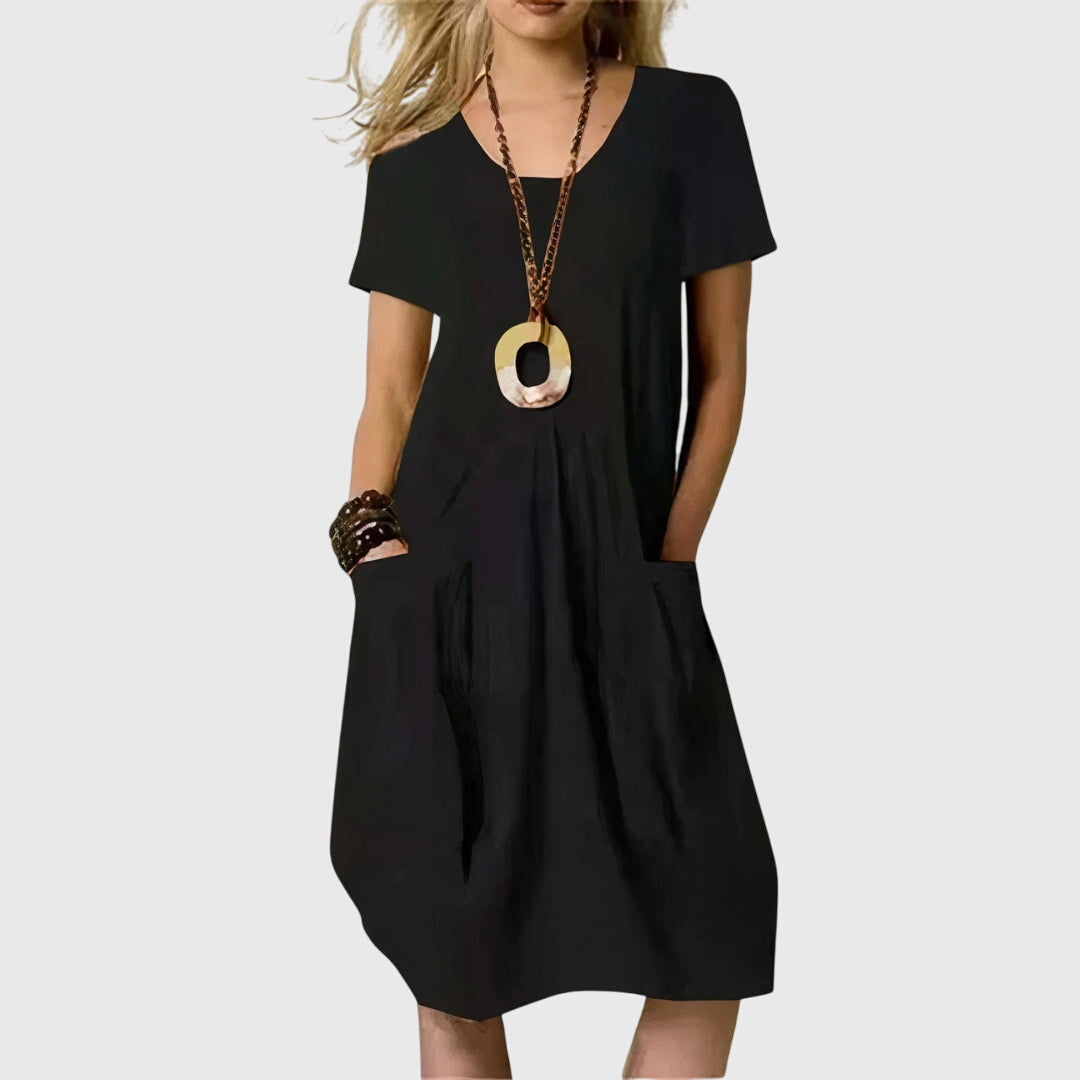 Elaine Rossmore | Orange V-Neck Midi Dress with Pockets