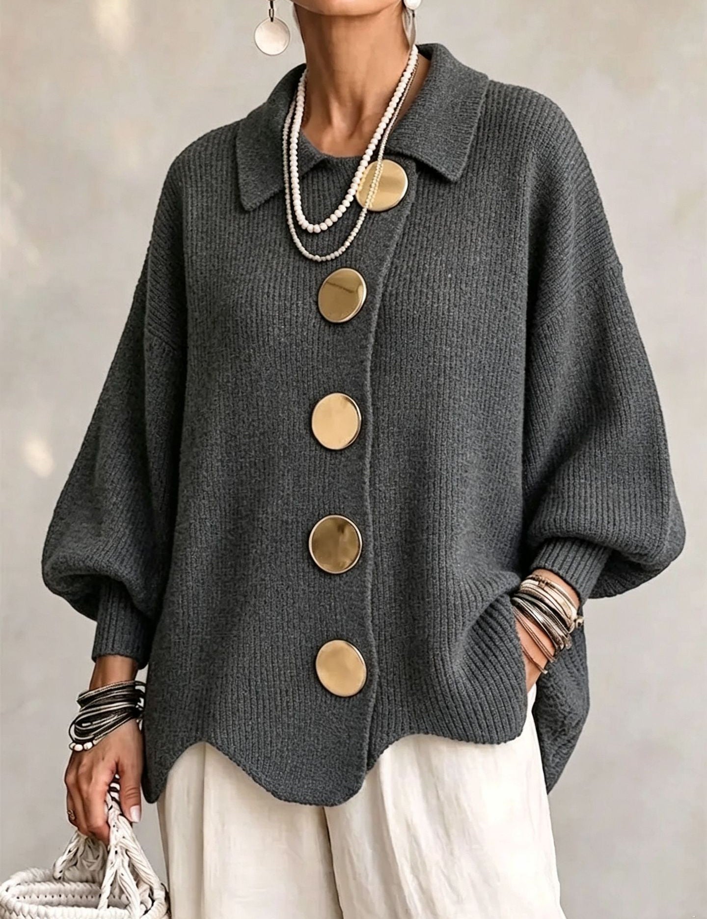 Gentry Colewood | Scalloped Hem Collared Button Cardigan For Women