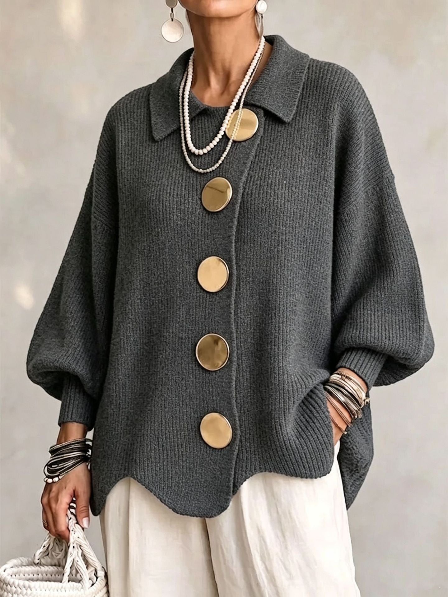 Gentry Colewood | Scalloped Hem Collared Button Cardigan For Women
