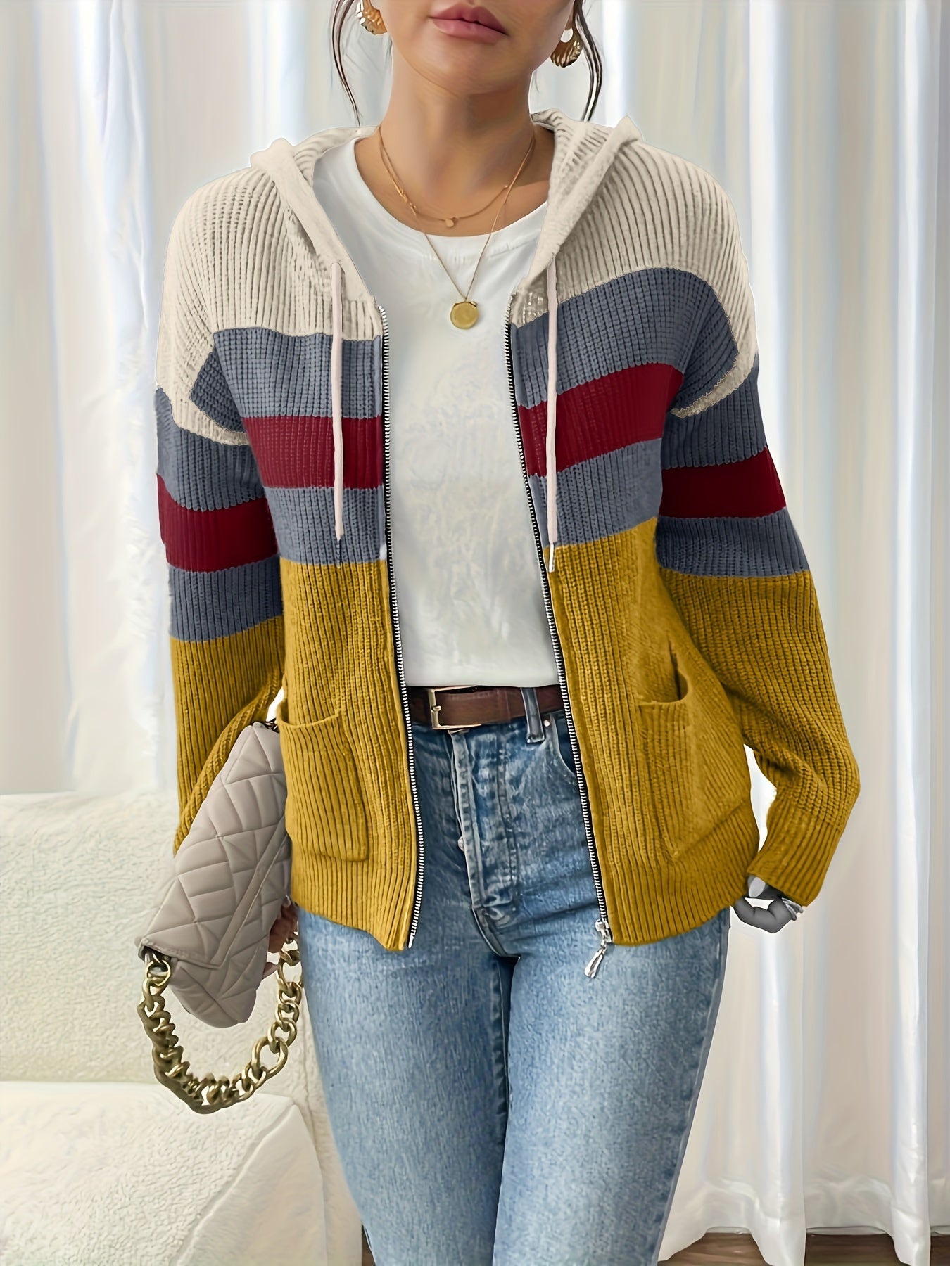Harriet Devon | Colour-Block Zip Hoodie With Ribbed Knit For Women