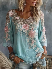 Colette Rimbaud | Retro Bohemian Floral Linen Blouse For Women