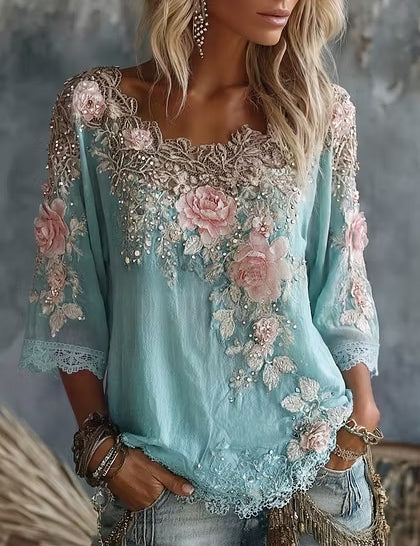 Colette Rimbaud | Retro Bohemian Floral Linen Blouse For Women