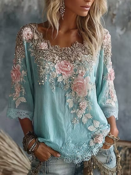 Colette Rimbaud | Retro Bohemian Floral Linen Blouse For Women