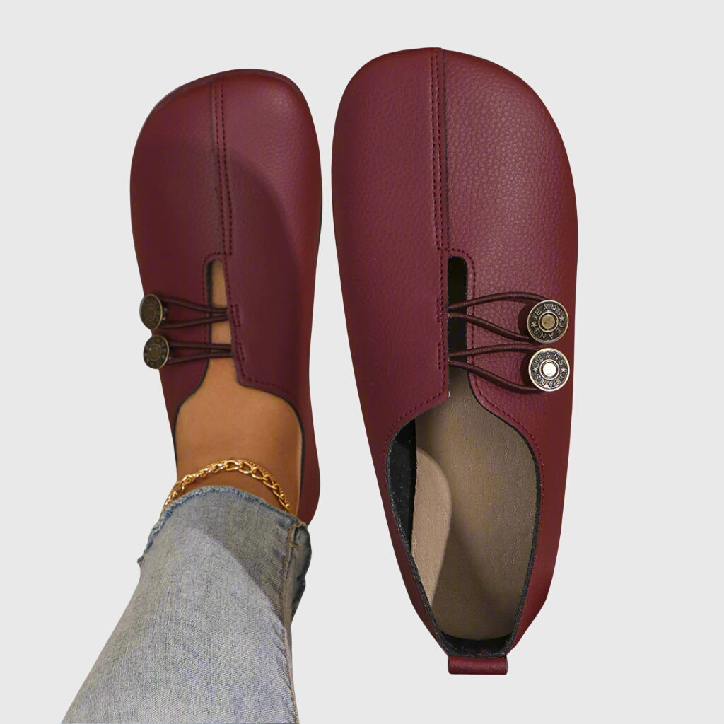 Aurelia Strandcourt | Vintage Brown Suede Slip-On Flats with Button Detail