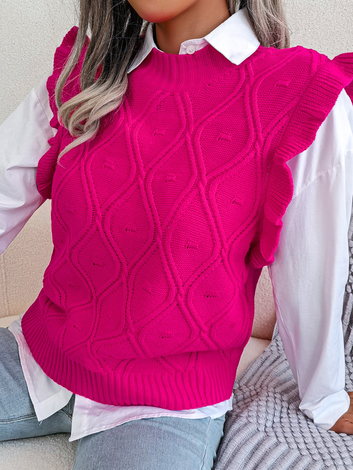 Yvette Bellamont | Ruffled Diamond Knit Sweater Vest For Women