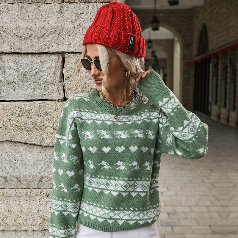 Snow Cheer | Green Heart Fair Isle Christmas Sweater For Women