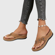 Marietta Dunrosse | Blue Flower Wedge Flip Flop Sandals