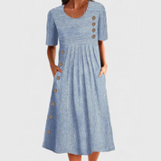 Claudine Hartwell | Blue Striped Midi Dress with Button Detail