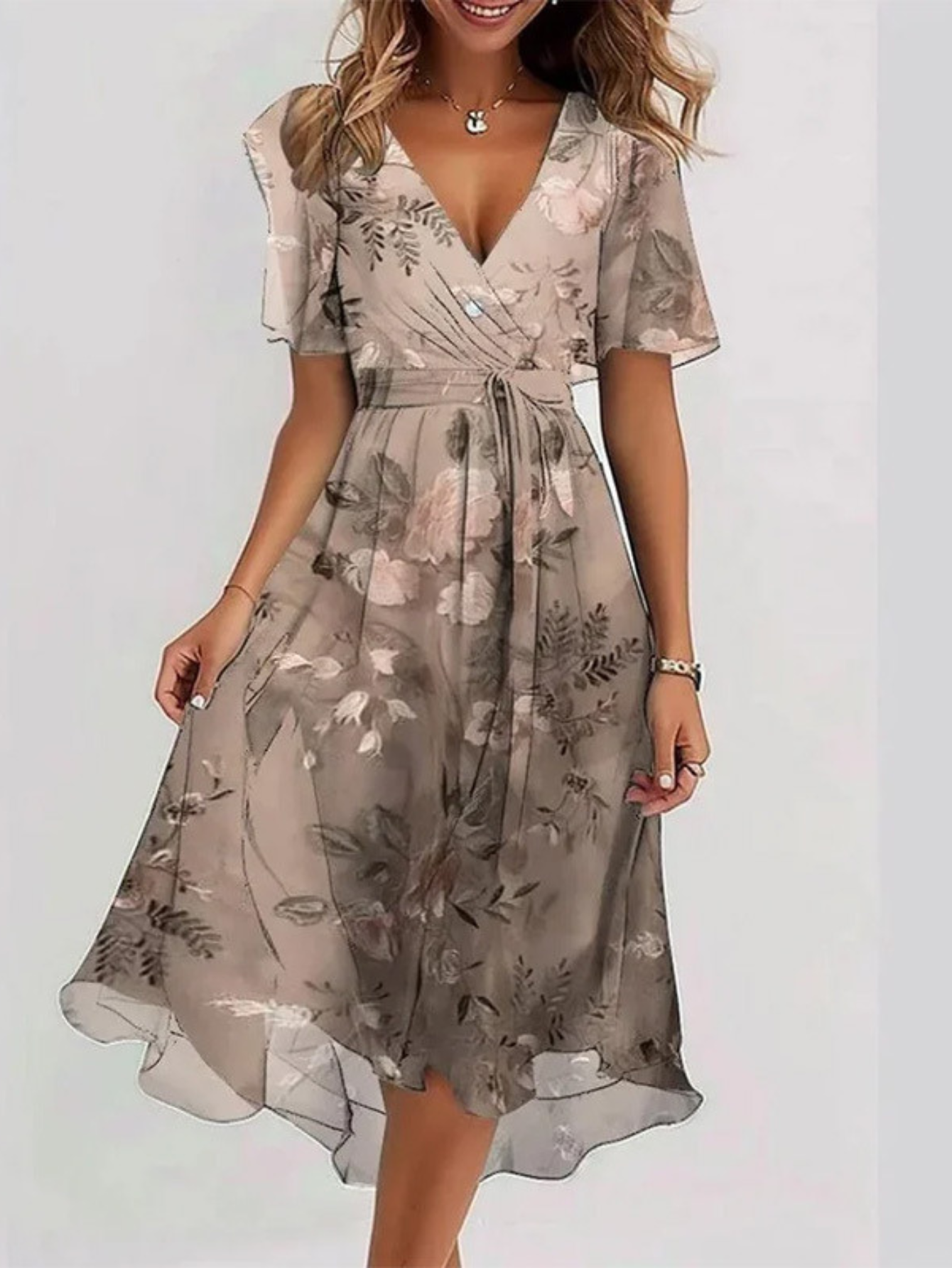Clarisse Montveil | Floral Chiffon Midi Wrap Dress with Flutter Sleeves