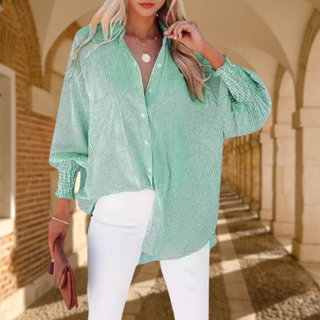 Eloise Vanbright | Oversized Blue Striped Button-Down Shirt with Smocked Cuffs