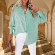 Eloise Vanbright | Oversized Blue Striped Button-Down Shirt with Smocked Cuffs