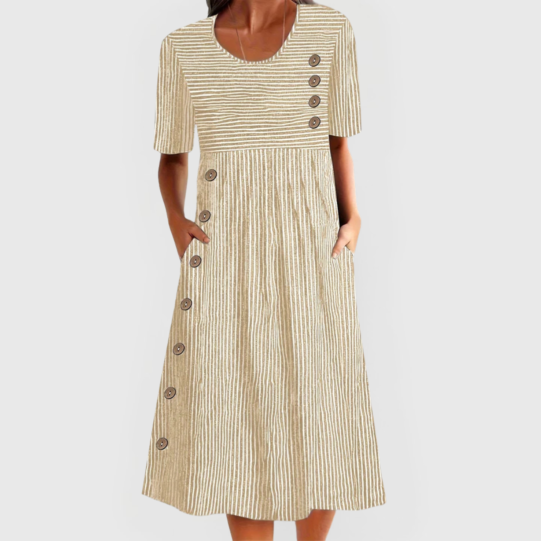 Claudine Hartwell | Blue Striped Midi Dress with Button Detail