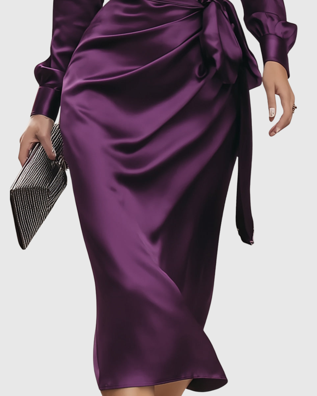 Araminta Velbrough | Deep Plum Satin Wrap Midi Dress