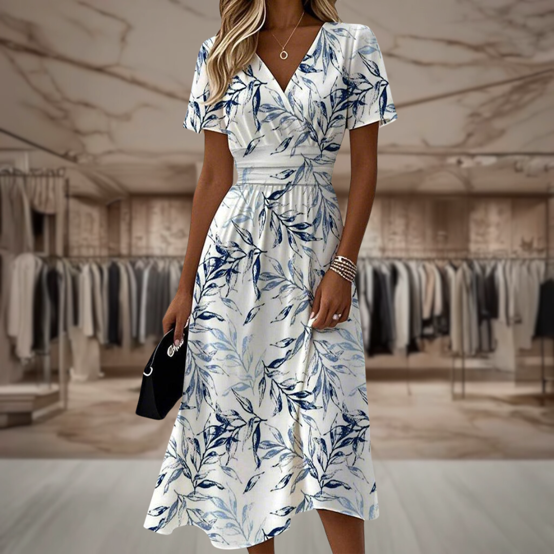 Emeline Voschard | Blue Leaf Print Midi Dress For Women