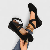 Eleanore Vantisse | Black Suede Cross-Strap Wedge Flats