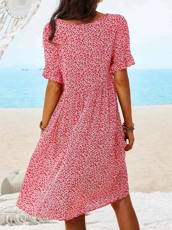 Fleurette Dawnvale | Blue Ditsy Floral V-Neck Smock Midi Dress