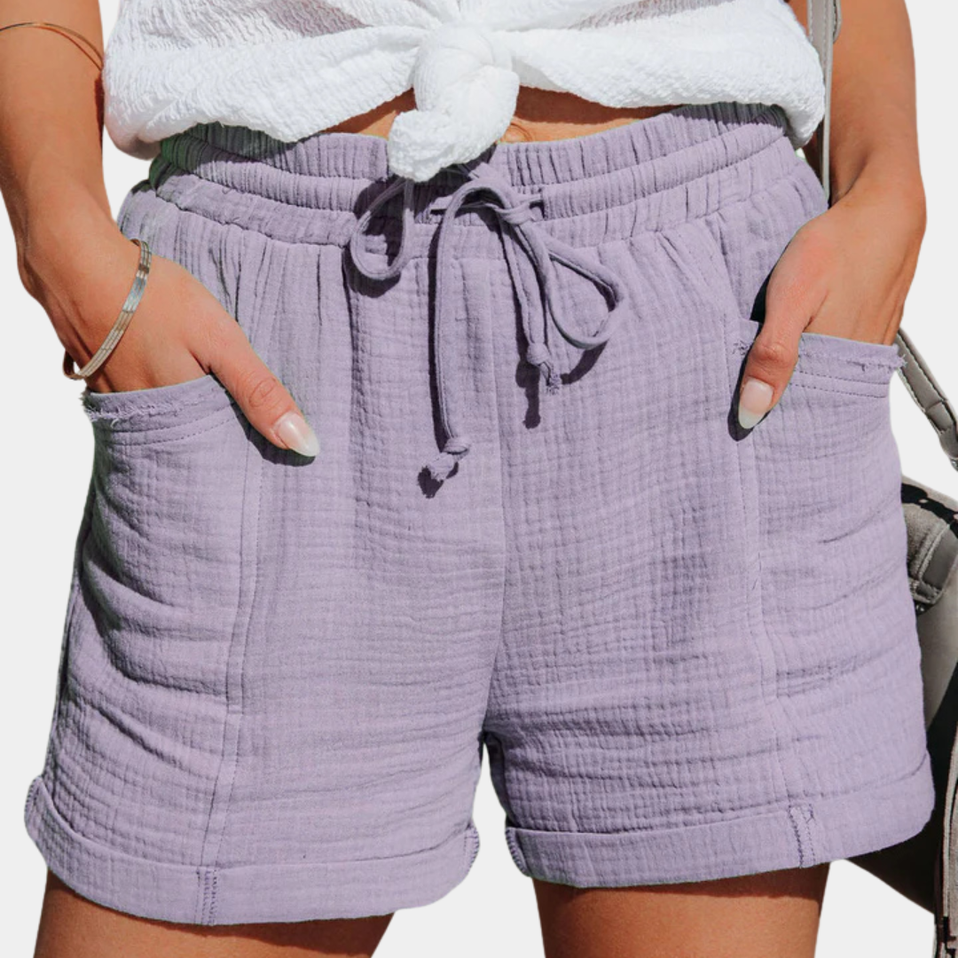 Améline Chartreuse | Cotton Gauze Drawstring Shorts in Khaki