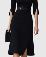 Theodora Blackwell | Classic Black Belted Midi Dress