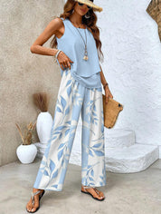 Sylvette Montcourt | Sleeveless Layered Top & Leaf-Print Wide-Leg Pants Set