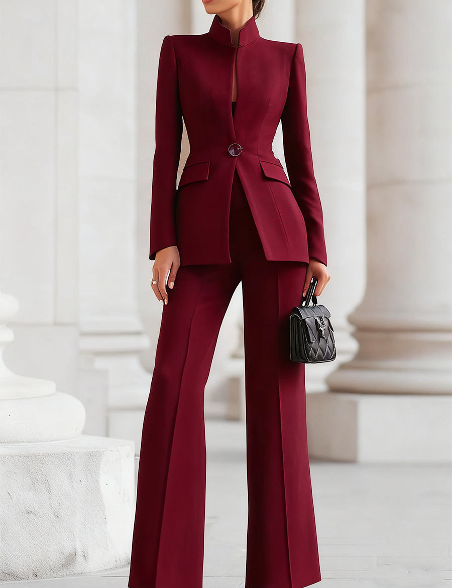 Eleanora Vantisse | Navy Blue Stand Collar Blazer & Wide Leg Pants Two-Piece Set