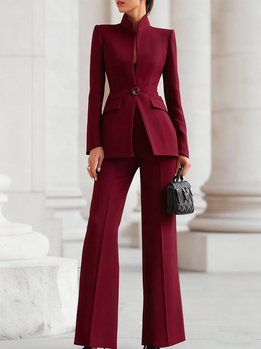 Eleanora Vantisse | Navy Blue Stand Collar Blazer & Wide Leg Pants Two-Piece Set