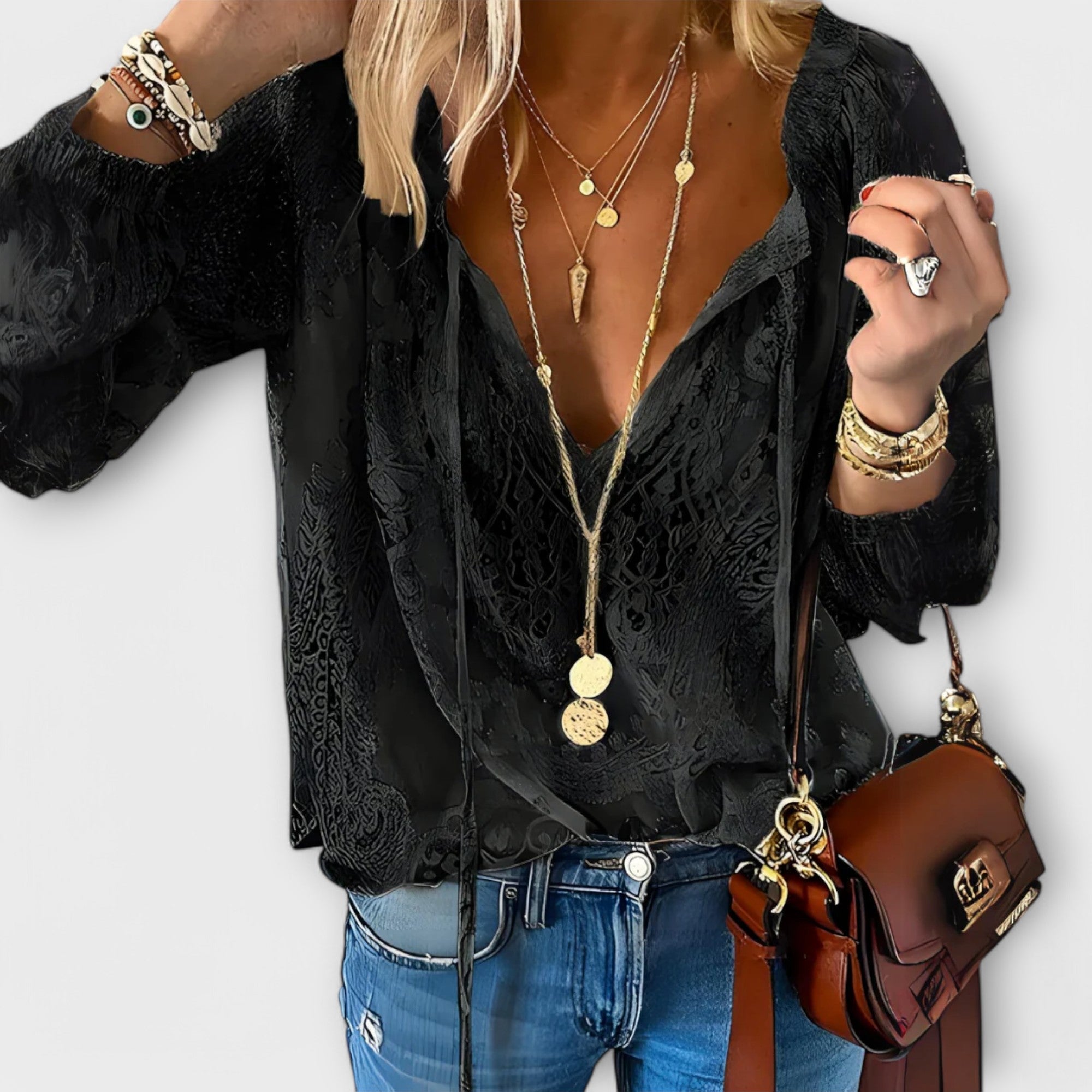 Théodeline Ashgrove | White Lace V-Neck Blouse with Flared Sleeves