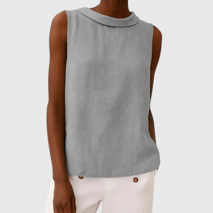Isabelle Tournier | Sleeveless Linen Roll Collar Top in Blue