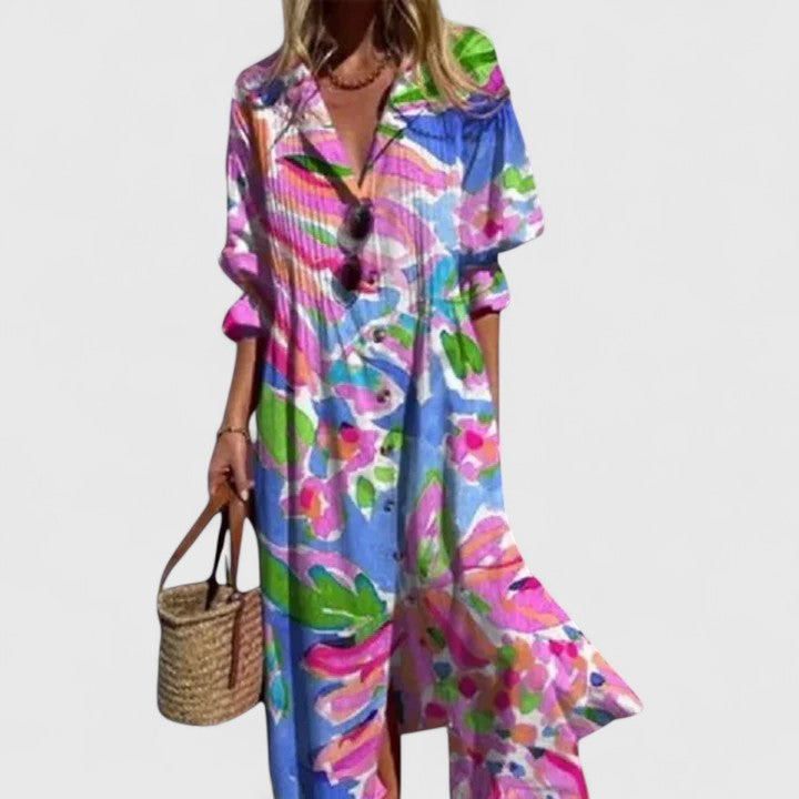 Eloise Ravencrest | Blue Leaf Print Boho Midi Shirt Dress