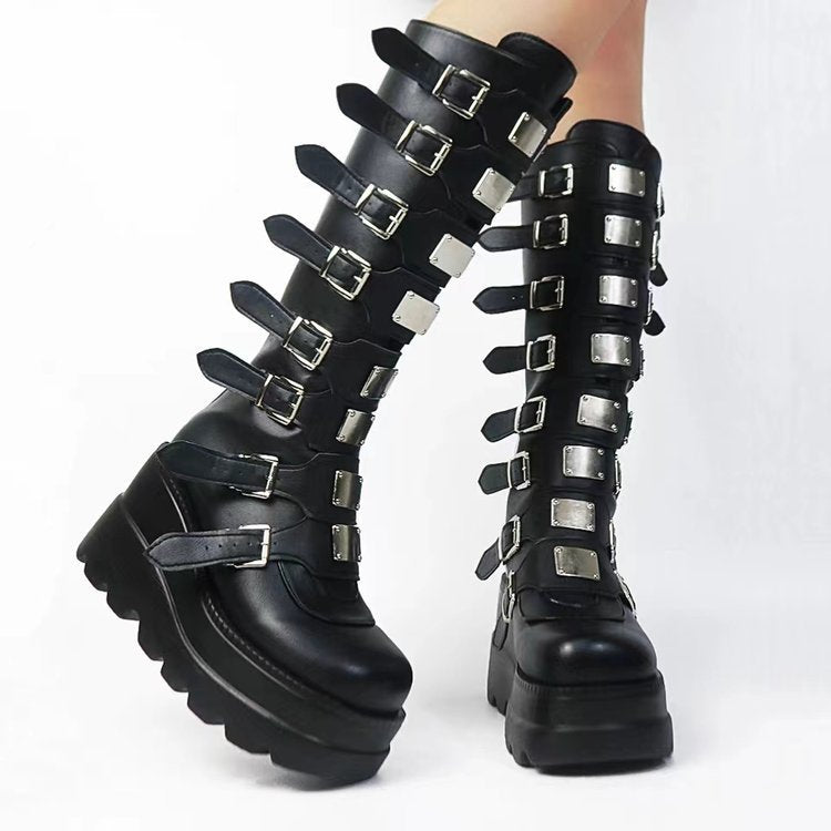 Vesper Montaigne | Metal Buckle Platform Knee-High Boots For Women