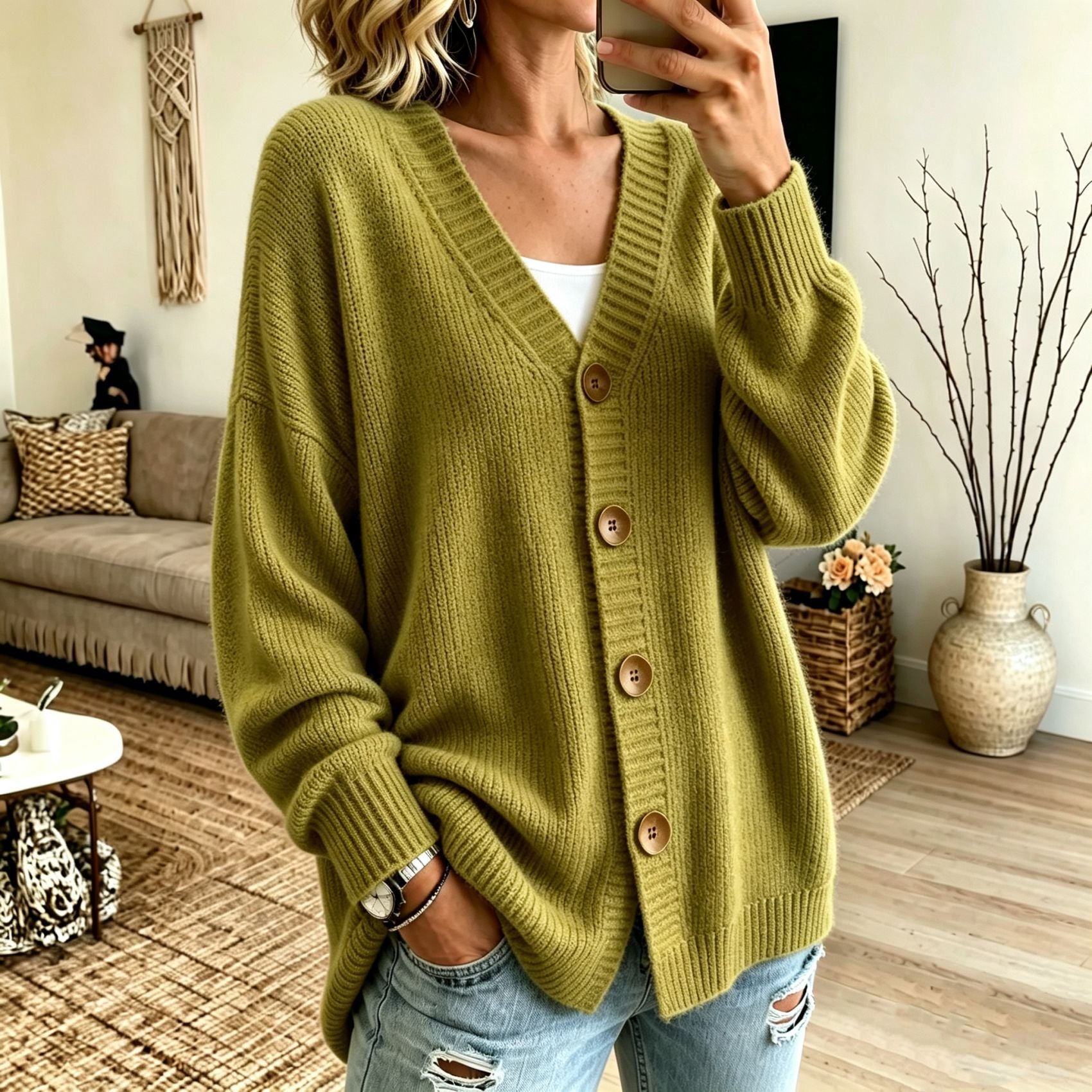 Adeline Fontrose | Buttoned V-neck Knitted Cardigan Sweater For Women