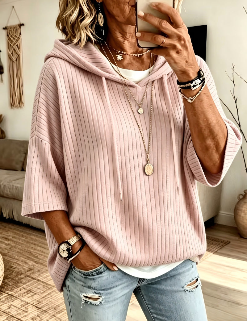 Cassandra Bellmore | Ribbed Hooded Drawstring Sweatshirt For Women